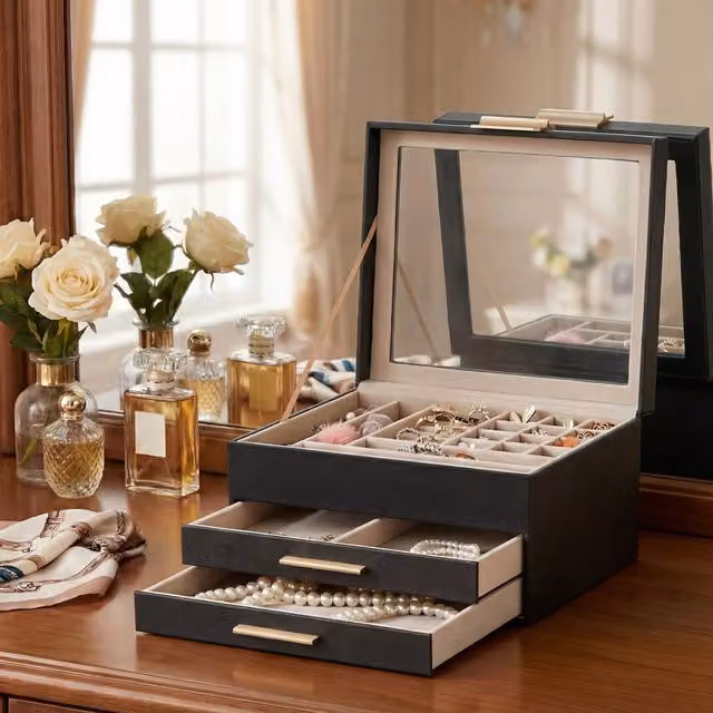 SONGMICS 3-Layer Jewellery Organiser Box with 2 Drawers and Lid, Black