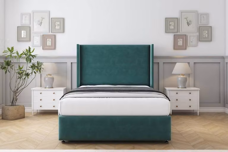 Sloomy Stratford Plush Divan Set in Emerald Green with Wingback Headboard and Footboard, Super King Size
