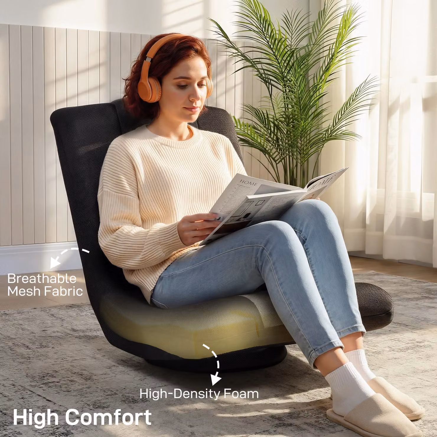 HOMCOM Black Folding Floor Sofa with 360 Degree Swivel Base and Adjustable Backrest – 6
