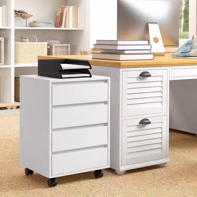 HOMCOM Mobile Vertical Filing Cabinet with 4 Lockable Drawers and Castors, White