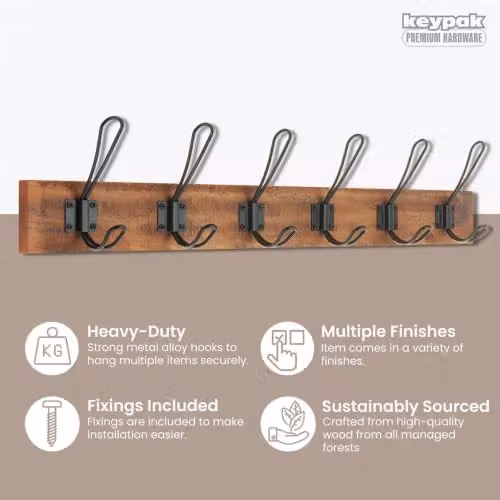 keypak Rustic Wall Mounted Coat Rack with 6 Double Wire Hooks on Brown Wooden Base and Black Metal Accents – 2
