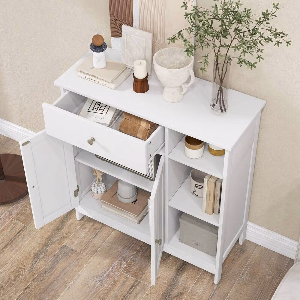 Gymax White Wooden Freestanding Bathroom Floor Cabinet with 2 Doors and 1 Drawer – 2