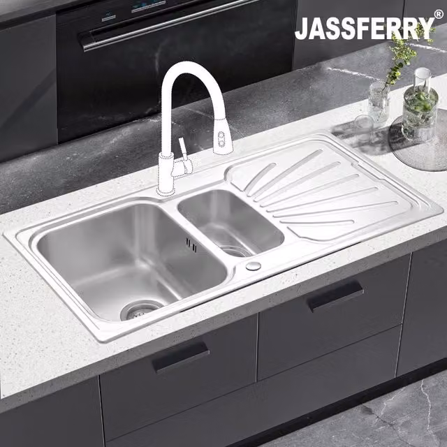 JASSFERRY Stainless Steel 1.5 Bowl Reversible Kitchen Sink with Drainer in Silver