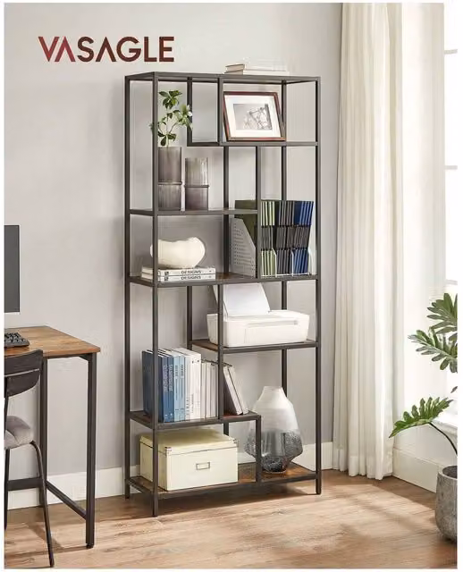 VASAGLE 6-Tier Geometric Industrial Display Shelf Bookcase, Bronze, H 180 x W 30 x D 30 cm
