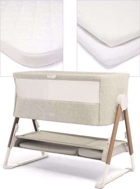 Mamas & Papas Lua Bedside Crib with Sheet and Mattress Protector Bundle in Fawn and White