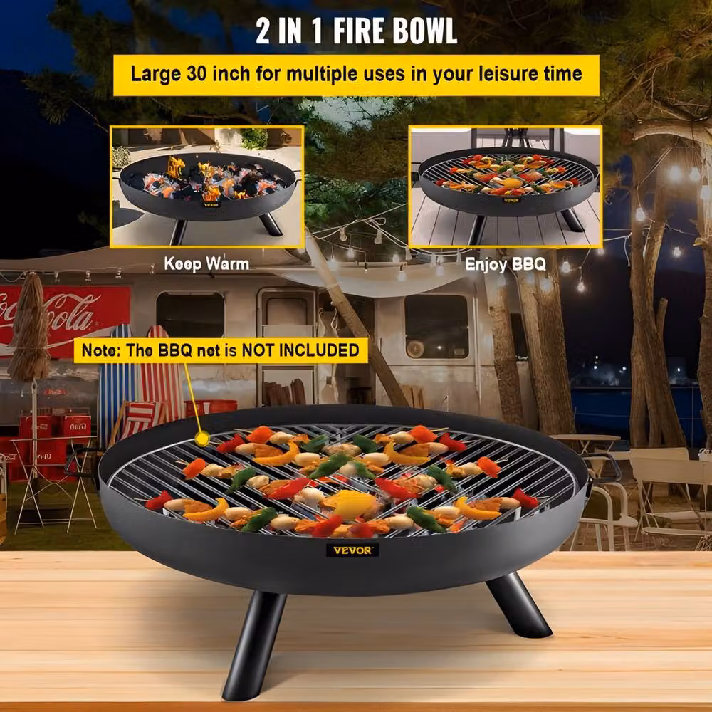 VEVOR Black Carbon Steel Round Fire Pit Bowl with Drain Hole and Portable Handles, Diameter: 76.2 cm – 6