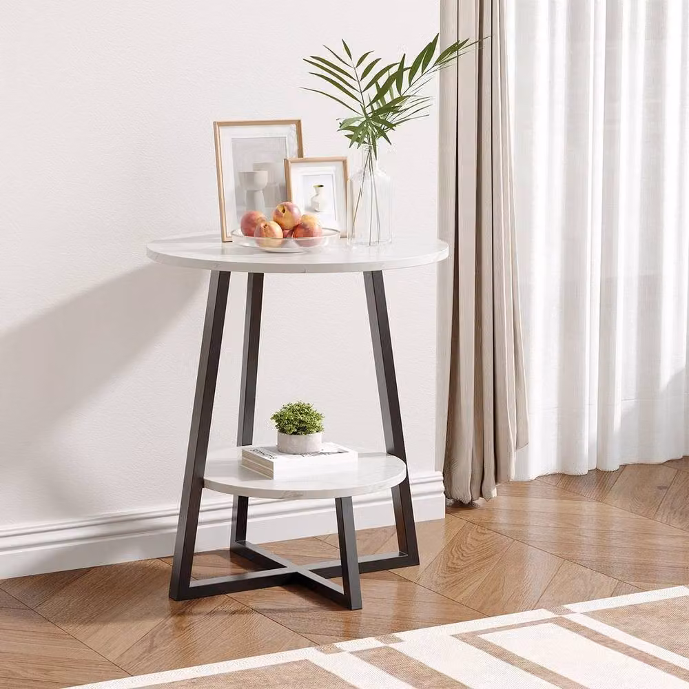 KORVIXA Round Marble Effect Side Table in White, Diameter: 48 cm, Height: 50 cm – 3