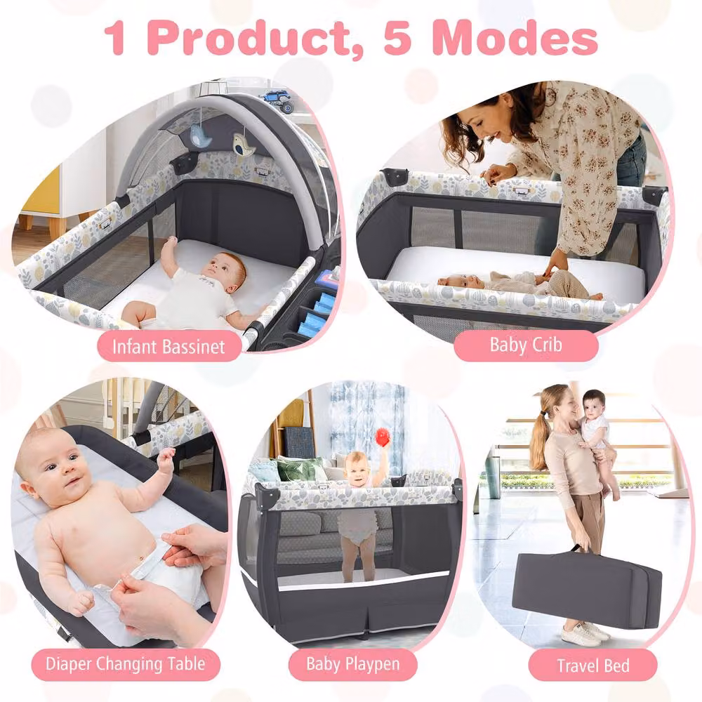 CASART 5 in 1 Portable Pack and Play Baby Nursery Center with Bassinet and Travel Bag in Grey Floral – 6