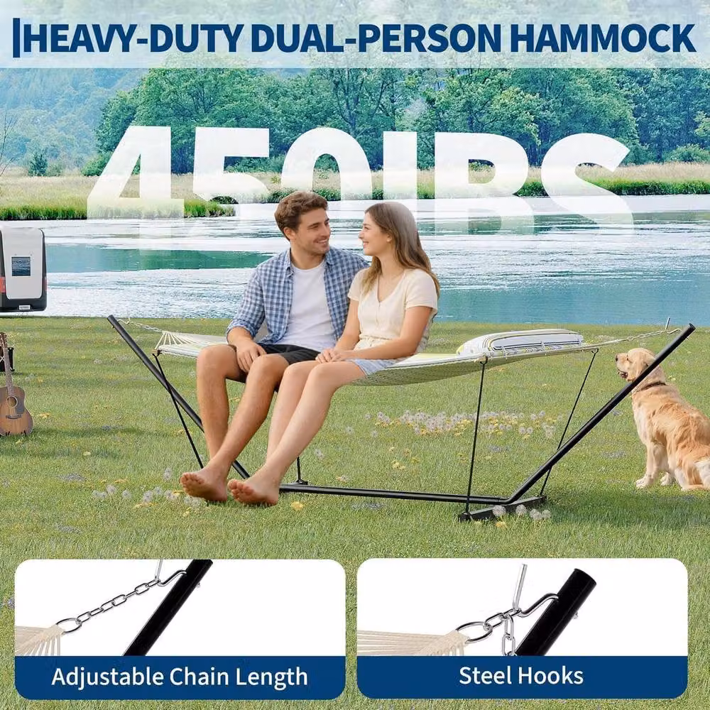 London Boutique Double Hammock with Stand and Cushions, Multicolour Striped UV-Resistant Polyester Bed for Two Adults – 5