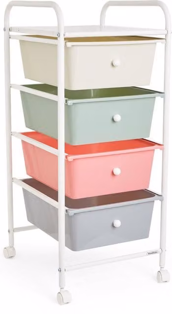 VonHaus Plastic and Metal Storage Trolley with 4 Drawers in Green and Multicolour