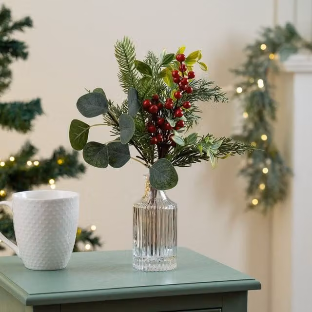 Scottish Everlastings Ltd Set of 2 Red Christmas Bottle Arrangements in Transparent Glass, Height: 32 cm