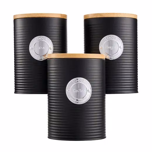 Cooks Professional 5 Piece Ribbed Tea Coffee Sugar Bread and Biscuit Canister Set with Airtight Bamboo Lids in Black and Silver – 3
