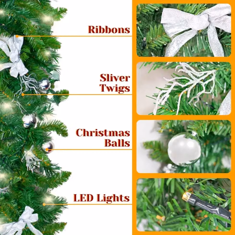 Marco Paul 6ft Pre-Lit LED Christmas Garland with Silver Bows and Baubles in Green – 2