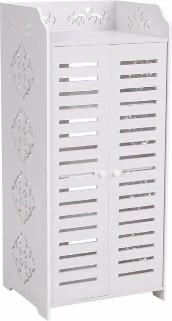 Dprodo Modern Glossy White PVC Wood Plastic Freestanding Shoe Storage Cabinet with Hinged Doors and Internal Shelves