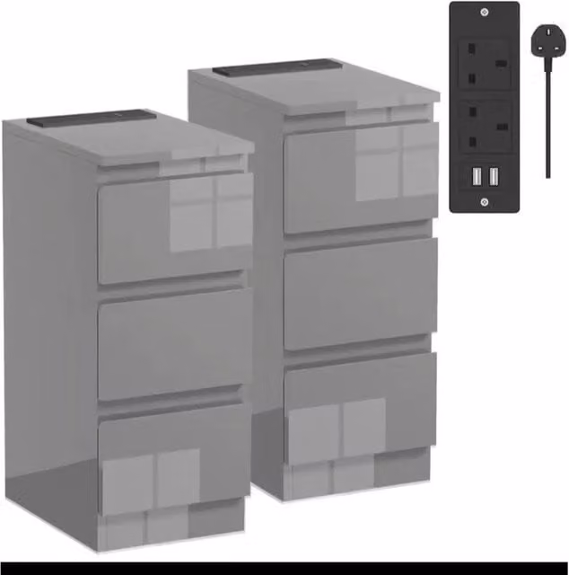 KORVIXA Grey High Gloss 2-Piece Narrow Bedside Table Set