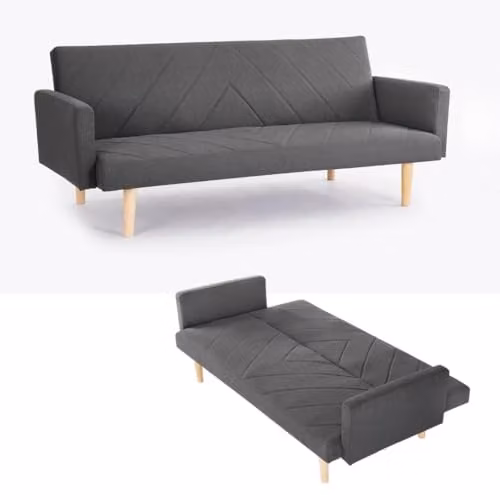 Home Detail Robbie 3 Seater Click Clack Sofa Bed with Geometric Fabric and Wooden Legs in Grey, Blue or Black