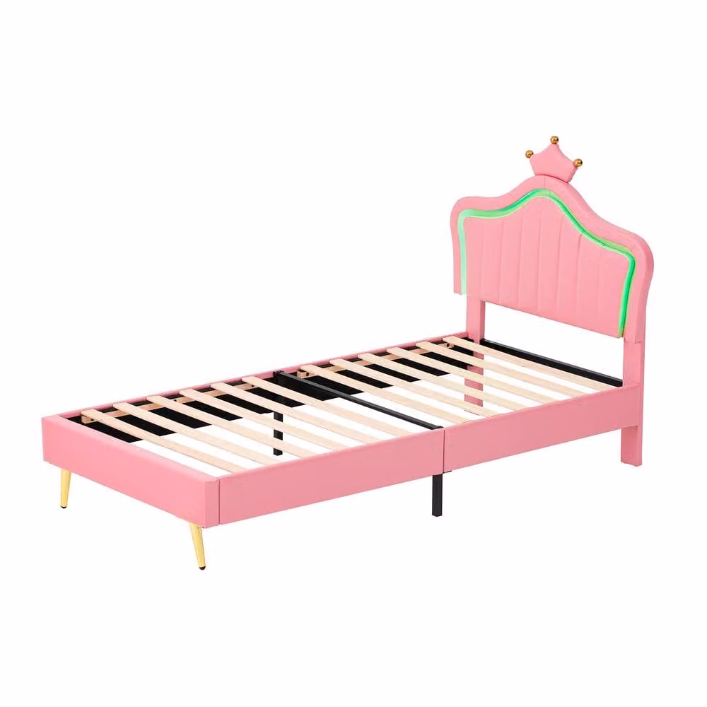 BTM Pink PU Leather Upholstered Childrens Bed with Adjustable LED Crown Shape Headboard – 3