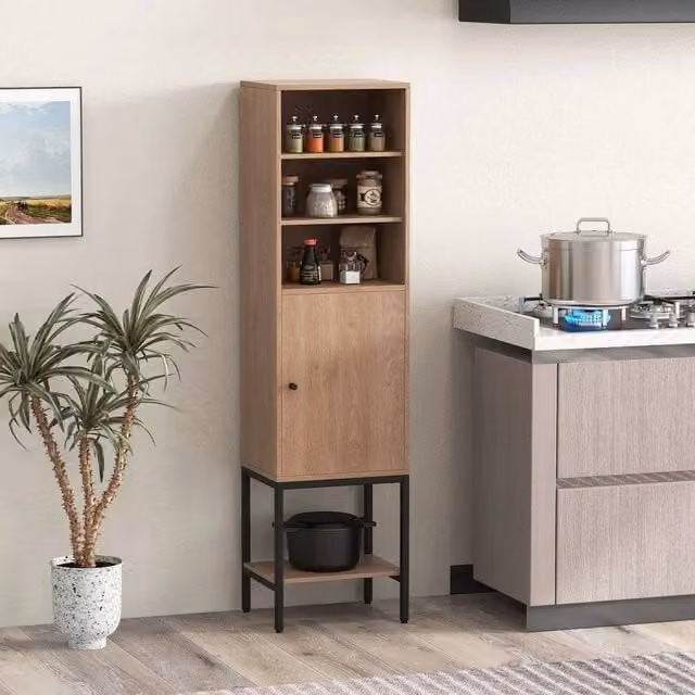 EONLION Modern Freestanding Tall Storage Cabinet in Light Oak, H 146 x W 38 x D 30 cm