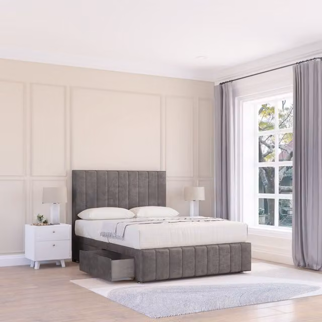 Sloomy Manhattan Super King Divan Bed Base with Floor Standing Headboard in Grey Velvet