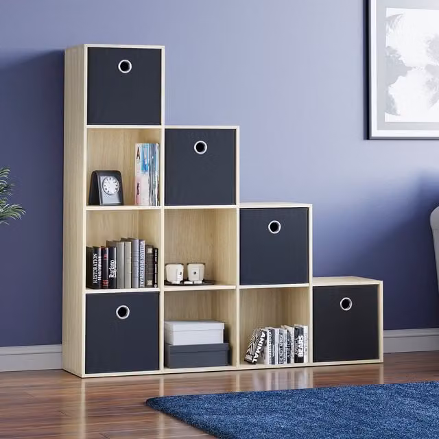 Vida Designs Durham 10 Cube Staircase Storage Unit in Oak with 5 Black Baskets