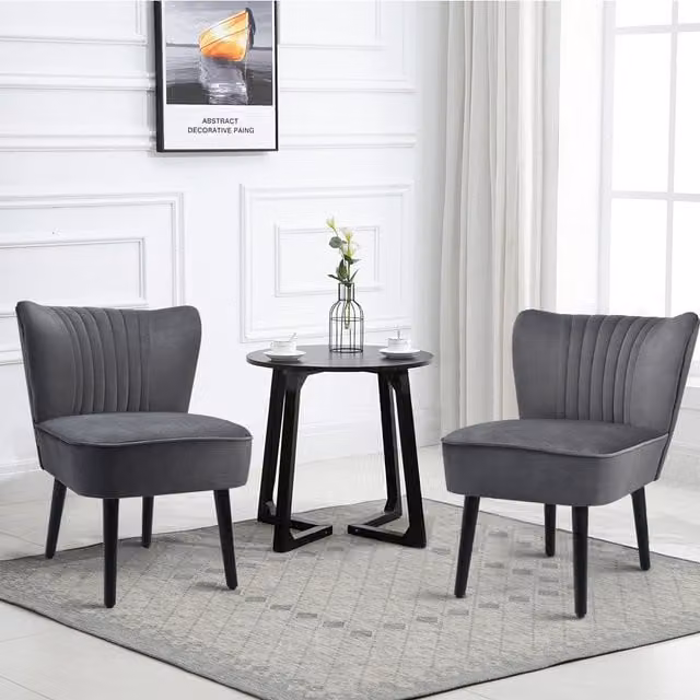 Costway Set of 2 Grey Velvet Accent Chairs with Armrests and Rubberwood Legs