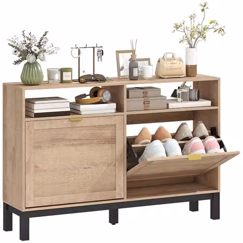 HOMCOM Modern Narrow Shoe Cabinet with Tilting Compartments and Open Shelf, Brown and Black, W/D/H: 120 x 29 x 80 cm – 1