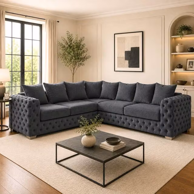 Stratus Interiors Ashley Chesterfield Fabric Sofa Set in Grey, featuring a 2 and 3 Seater L-Shape Configuration with Scatter Cushions
