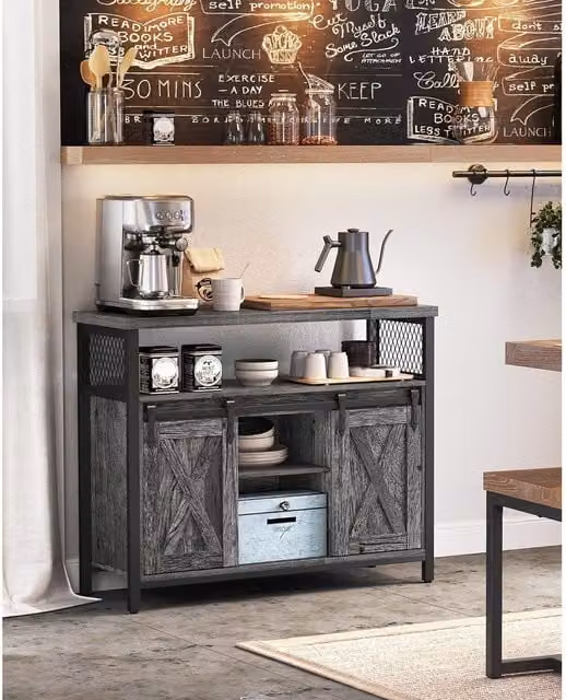 VASAGLE Industrial Sideboard Kitchen Cabinet with 2 Sliding Barn Doors and Adjustable Shelves in Grey – 1
