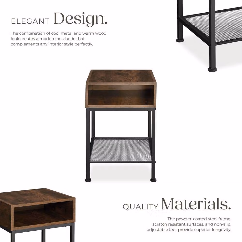 tectake Harlow Bedside Table in Brown Rustic Wood and Metal – 3