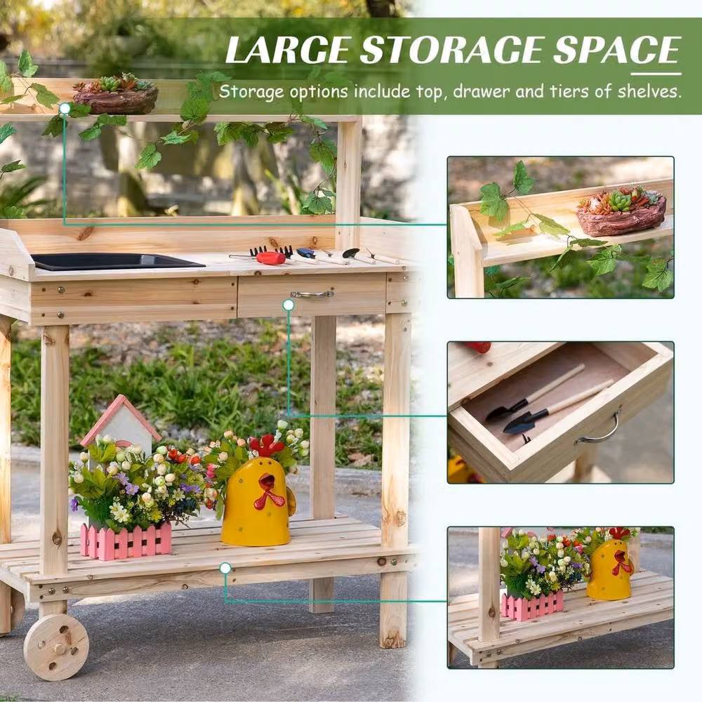 VOGREX Wooden Potting Work Bench with Drawer and 2 Wheels, Beige, W/D/H: 119.0 x 45.0 x 45.0 cm – 3