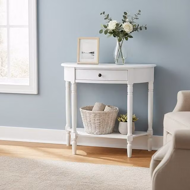 Orsina Rounded Pine Wood Console Table with One Rectangular Drawer, White, W/D/H: 81 x 33 x 78 cm – 1