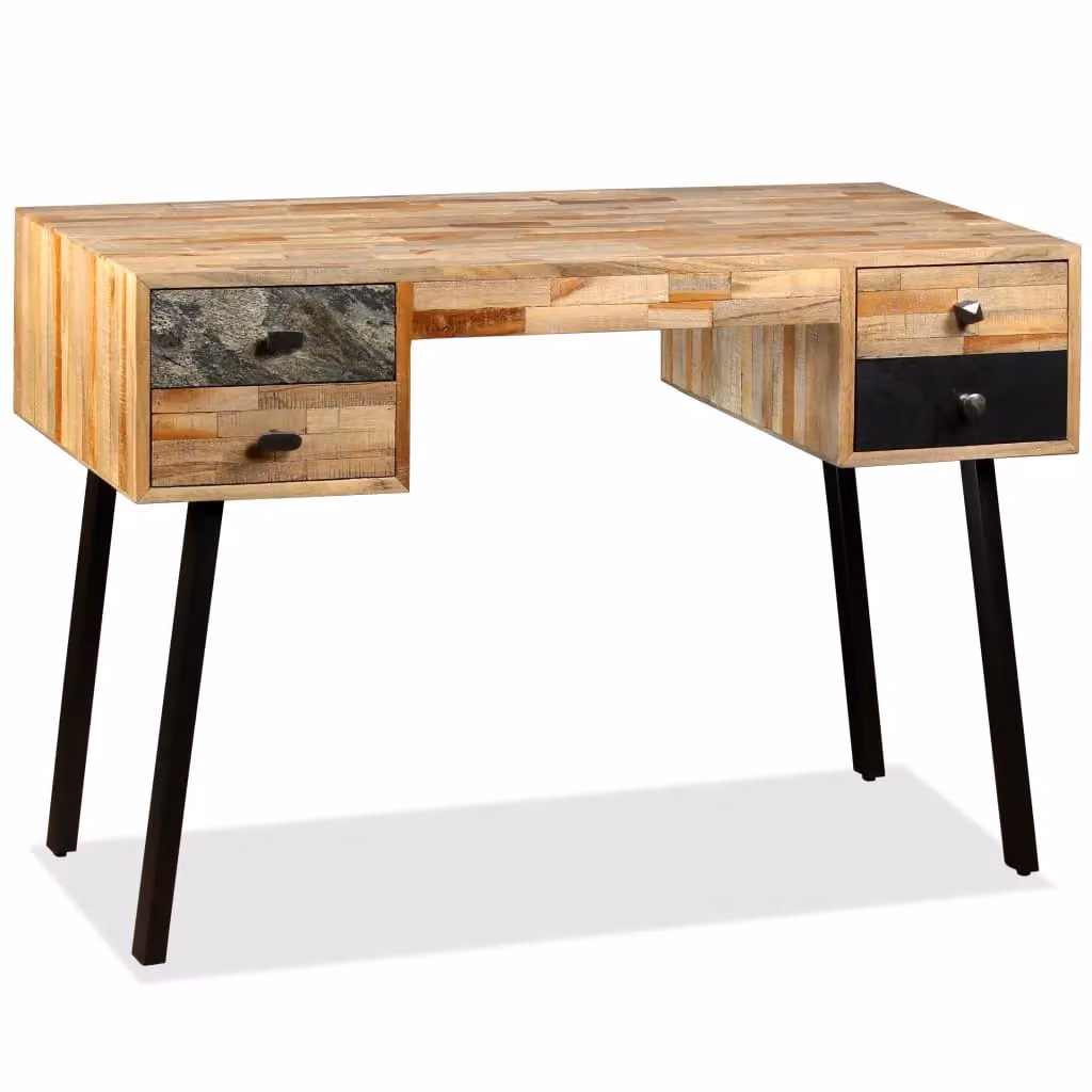 Berkfield Home Writing Desk in Solid Reclaimed Teak, Brown and Multicolour, W/D/H: 110 x 50 x 76 cm – 2