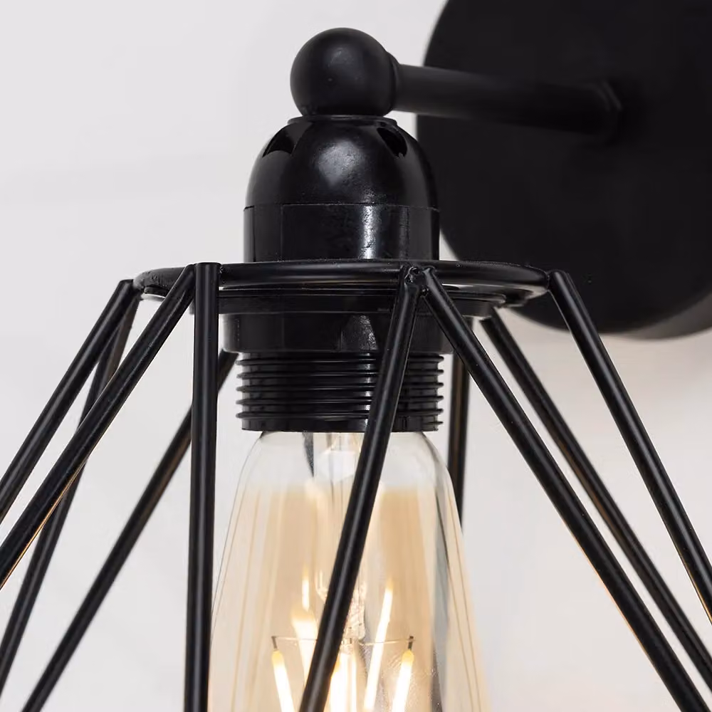 MiniSun Industrial Steampunk Satin Black Pipework Single Wall Light with Metal Basket Cage Shade – 3