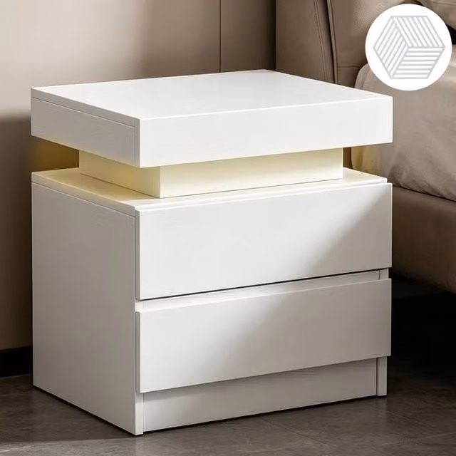 FORGEVIO White High Gloss LED Bedside Cabinet with 3 Drawers – 1