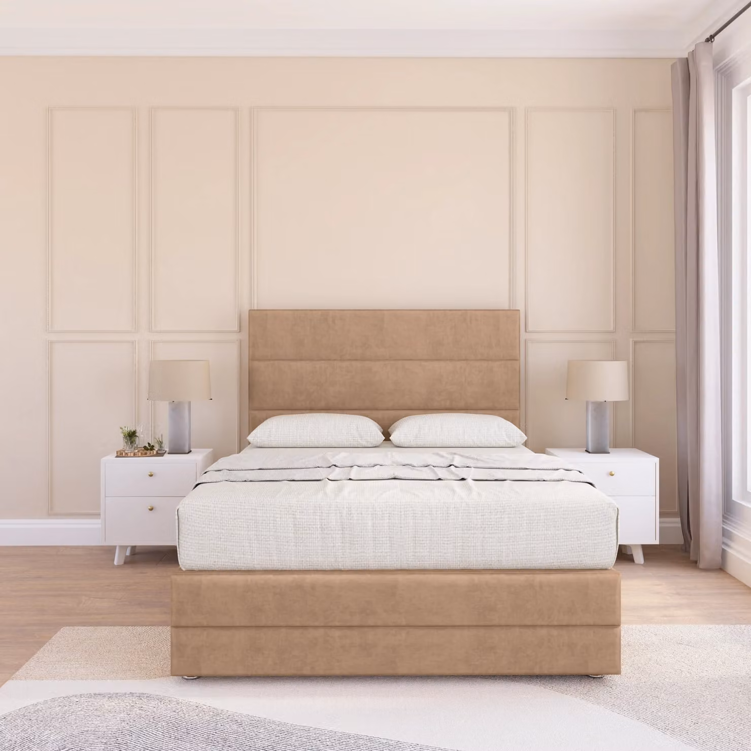 Sloomy Monaco Upholstered Bed Base with 54 inch Floor Standing Headboard and 12 inch Footboard in Beige, Small Double, W/D/H: 120 x 200 x 30.48 cm