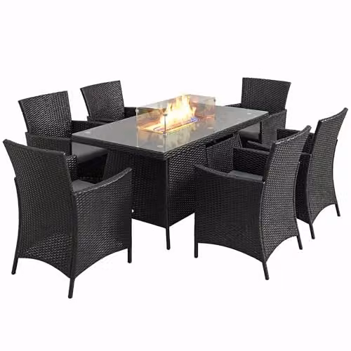 Outsunny 7 Piece Rattan Garden Furniture Set with Fire Pit Table in Black – 1