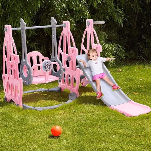 Livingandhome Steamship Shaped Slide and Swing Set for Toddlers in Pink