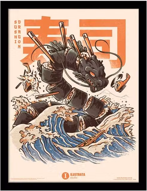 Ilustrata Sushi Dragon Framed Paper Poster in Black and Multicolour – 1