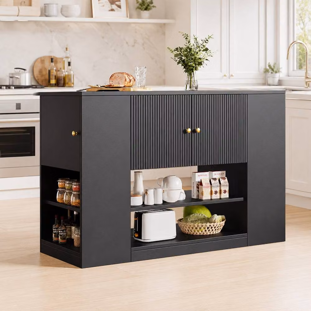 Merax Modern Kitchen Island with Foldable Tabletop, Drawers and Shelves in Black, W: 140.0 cm, D: 40.0 cm, H: 90.0 cm – 2