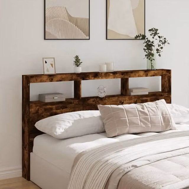 Berkfield Home Modern Smoked Oak Headboard Cabinet with LED Lighting and USB Charging Port, Brown, W/D/H: 180 x 17 x 102 cm
