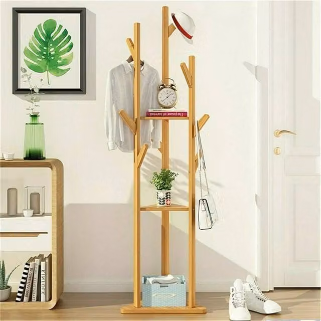 VOGREX Modern Bamboo Coat and Handbag Tree Rack in Brown