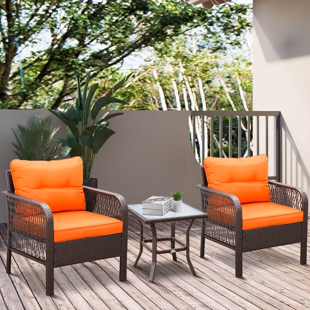 ERGOVEXA 3 Piece Rattan Bistro Set with Glass Top Coffee Table, Orange – 4