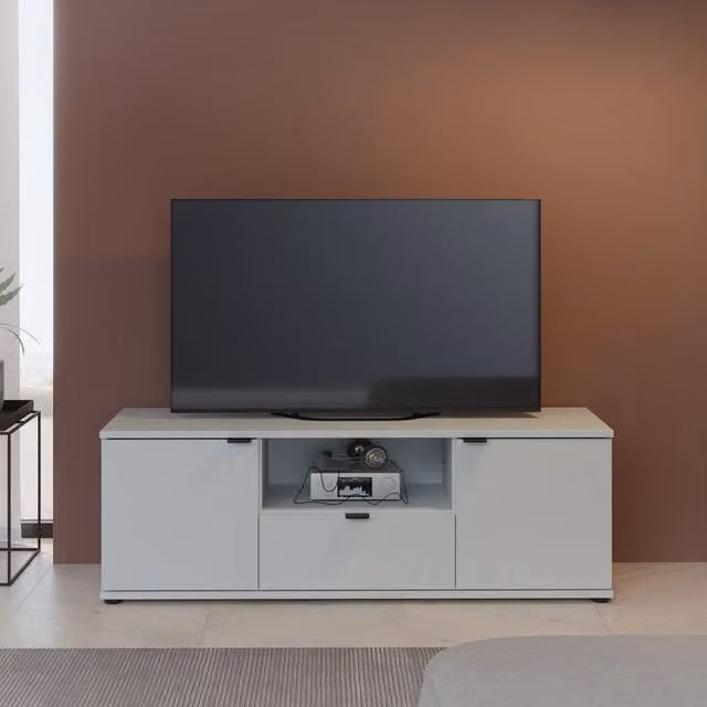 Furniture To Go Ganymede Wide Modern TV Unit with Open Shelf, Drawer and 2 Doors in Light Grey
