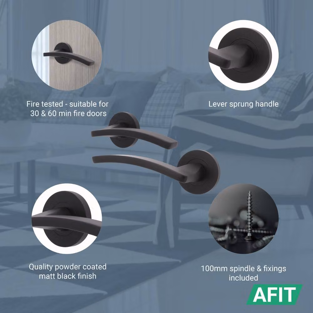 AFIT Matt Black Internal Fire Door Lever On Rose Handle, Aluminium, W/D/H: 15.0 x 15.0 x 5.6 cm – 3