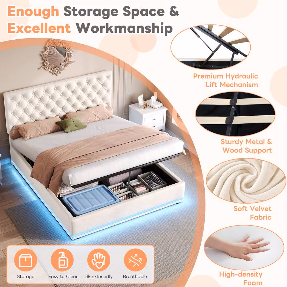 Rolipo Double Ottoman Bed with Hydraulic Storage, Velvet Upholstered Frame and LED Under-bed Lighting, Beige, W: 140 cm, L: 200 cm – 4