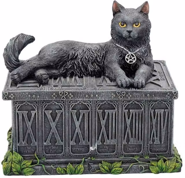 Nemesis Now Fortune's Watcher Cat Familiar Tarot Box in Black, Silver and Grey Ceramic