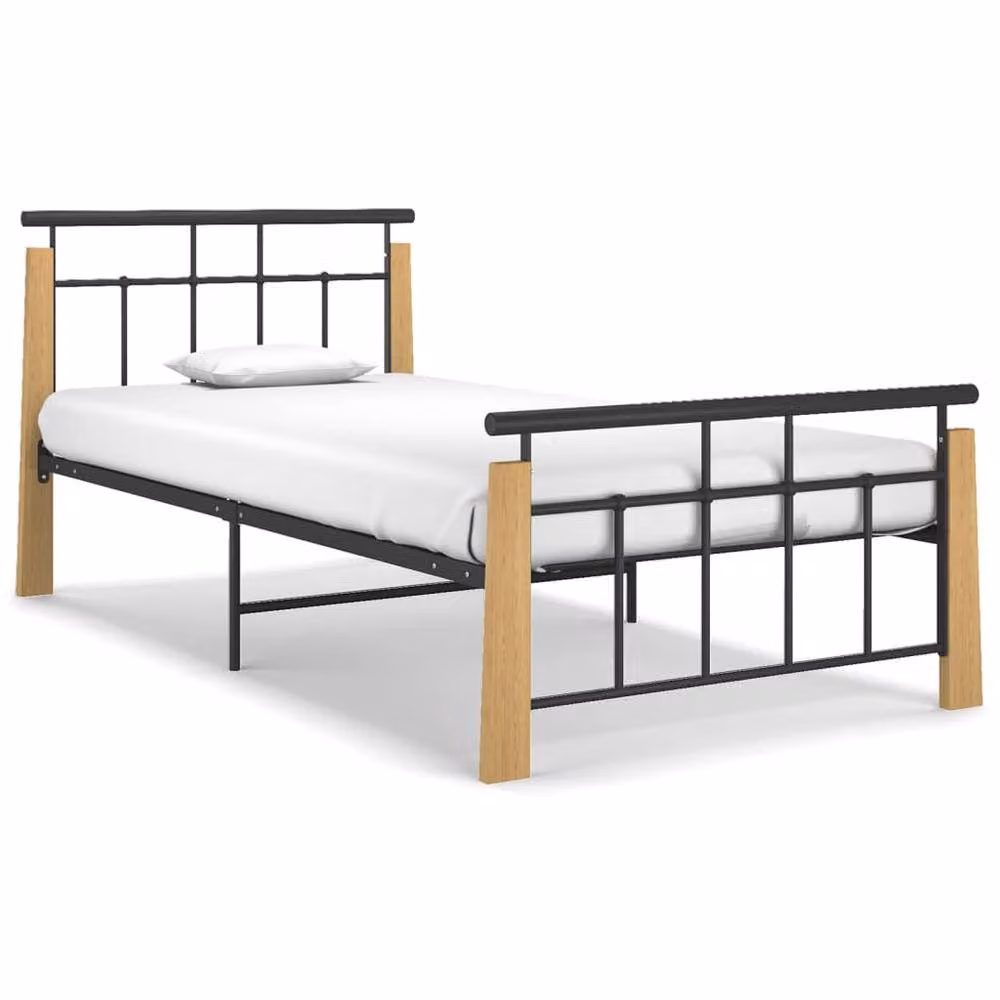 Berkfield Home Metal and Solid Oak Wood Bed Frame, Black, W/D/H: 90 x 200 cm – 2
