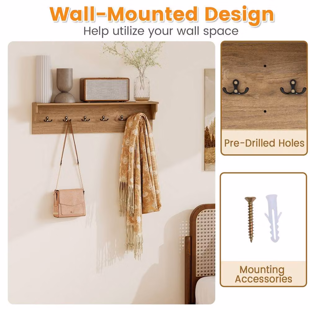 Costway Natural Wood Coat Rack with 6 Hooks and Floating Entryway Shelf, Width: 80 cm – 4
