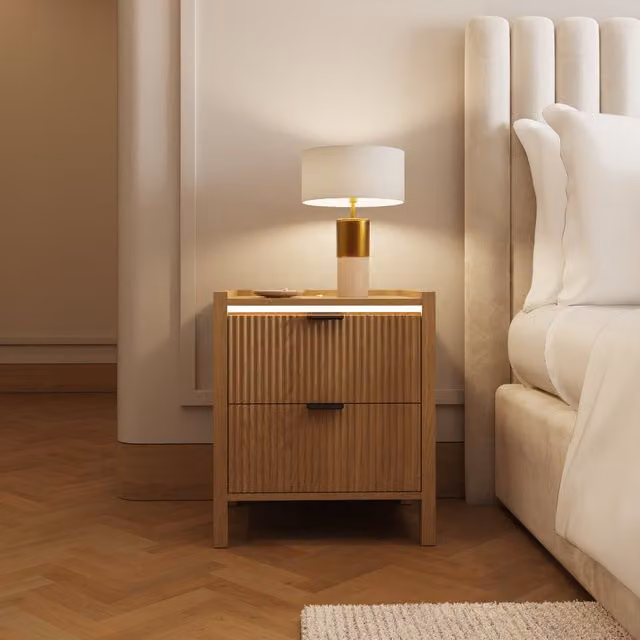 GFW Zion Modern 2 Drawer Oak Bedside Table with Integrated Lighting in Brown