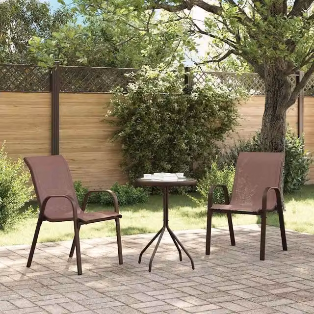 Berkfield Home Stackable Garden Chairs with Armrests, 2 Piece Set, Brown Textilene Fabric and Powder Coated Steel